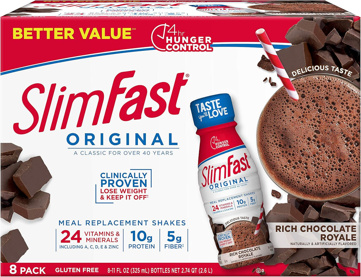 SlimFast Rich Chocolate Royale Meal Replacement Shake - 10g Protein, Ready to Drink for Slimming Formula - 11 Fl. Oz, 8 Pack