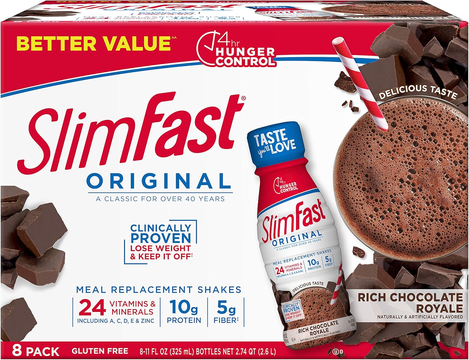 SlimFast Rich Chocolate Royale Meal Replacement Shake - 10g Protein, Ready to Drink for Slimming Formula - 11 Fl. Oz, 8 Pack