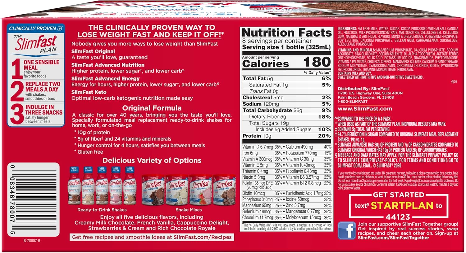 SlimFast Rich Chocolate Royale Meal Replacement Shake - 10g Protein, Ready to Drink for Slimming Formula - 11 Fl. Oz, 8 Pack