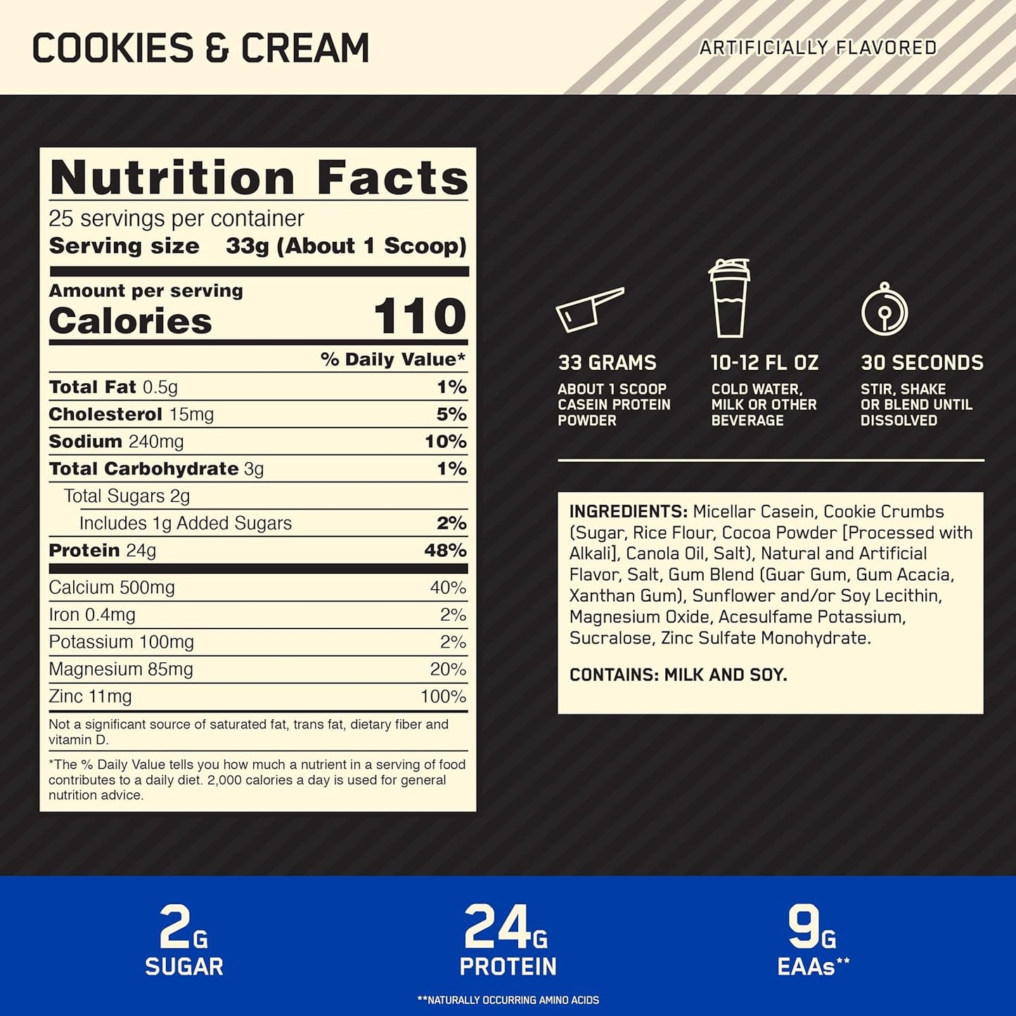 Slow Digesting Cookies and Cream Micellar Casein Protein Powder for Overnight Muscle Recovery, 1.81 Pound