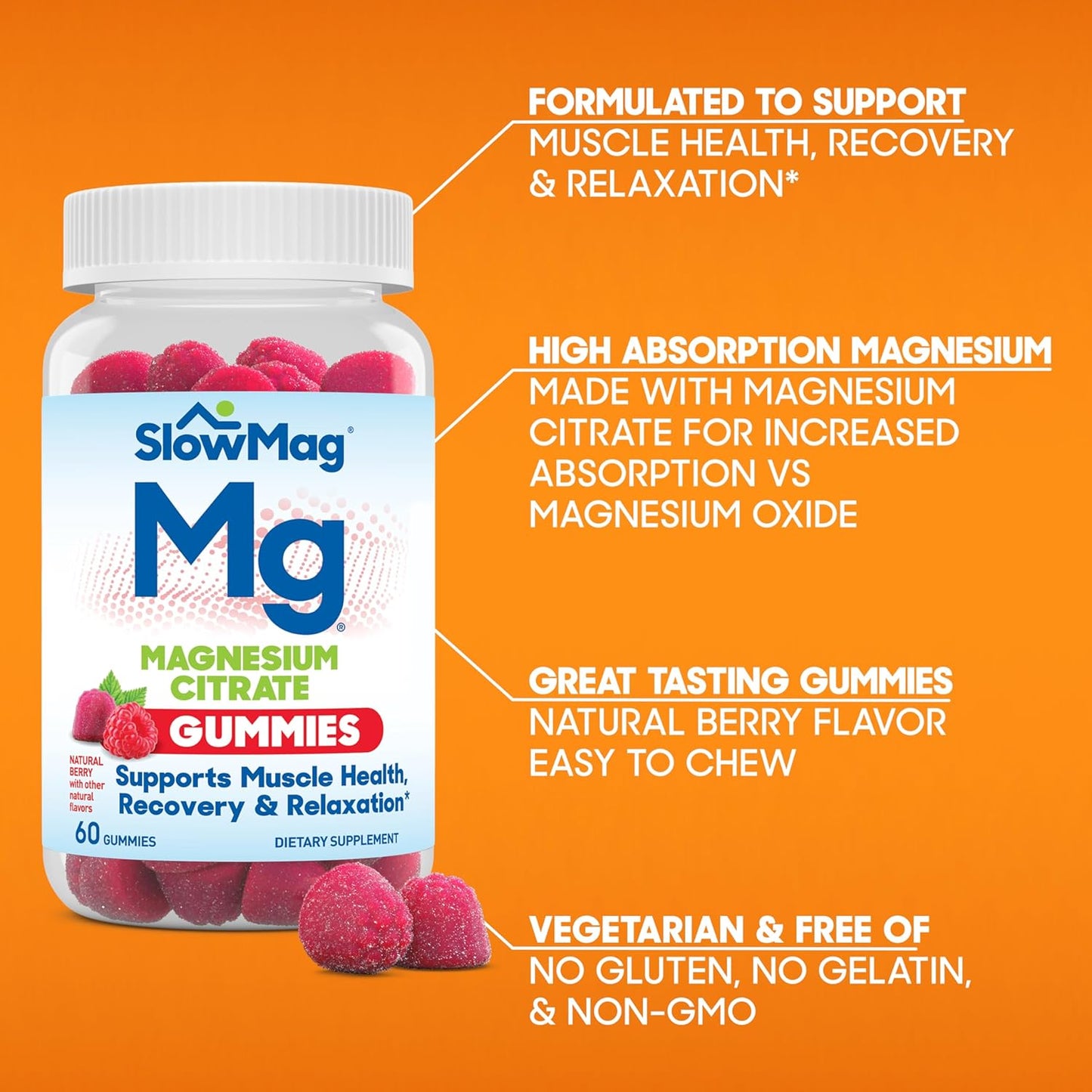 Slow-Mag Magnesium Citrate Gummies - Muscle Health & Relaxation Support, Berry Flavored, 120 Gummies (2 Pack)