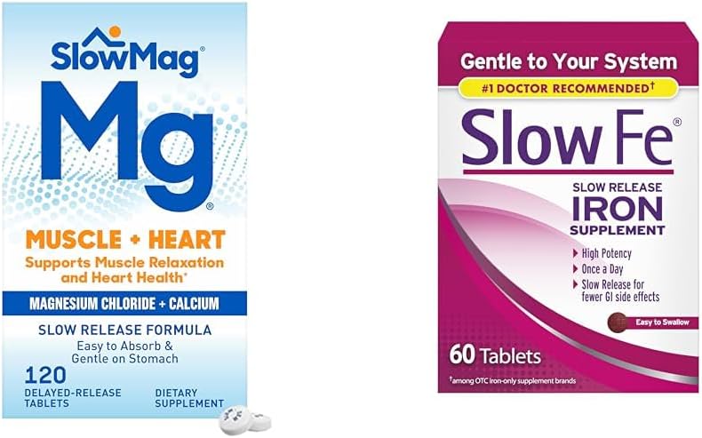 Slow-Mag Muscle and Heart Supplement with Magnesium Chloride, Calcium, and Slow-Fe Iron Deficiency Support - 120 Count & 60 Count