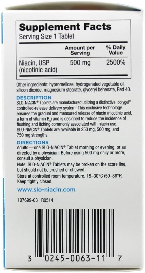 Slow Release Slo-Niacin Vitamin B3 500mg Capsules for Heart Health, Energy, Skin, Blood Sugar - 100 Count