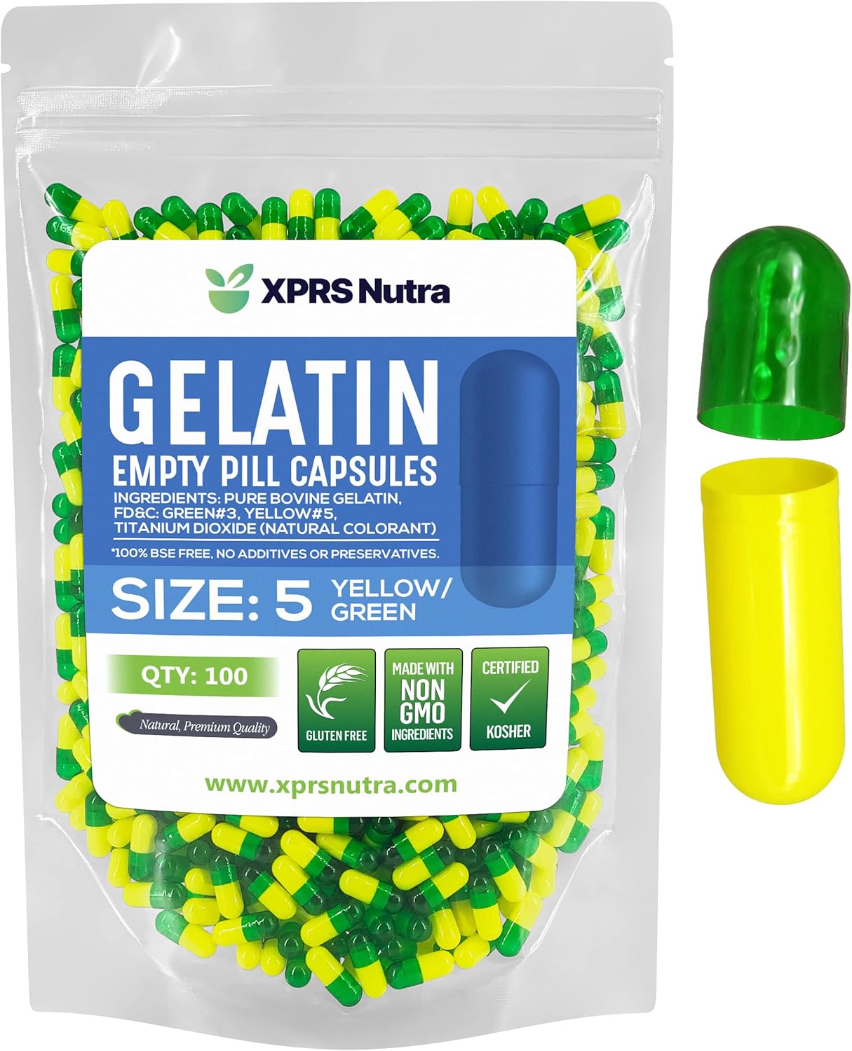 Small Empty Gelatin Capsules - 100 Count Fillable Pill Capsules for DIY Filling - XPRS Nutra Size 5 Empty Capsules - Green/Yellow