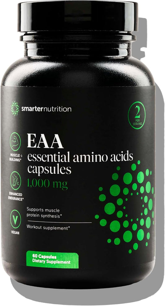 Smarter Nutrition Essential Amino Acids Capsules - 1g Per Serving - Supports Muscle Mass & Exercise - Non-GMO, Vegan, Gluten Free - 60 Count