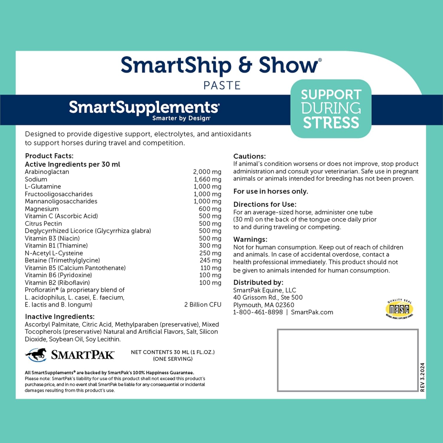 SmartPak SmartShip & Show Paste Probiotics for Horses - Travel-Ready Gut Support, Butterscotch Flavor, Pack of 6