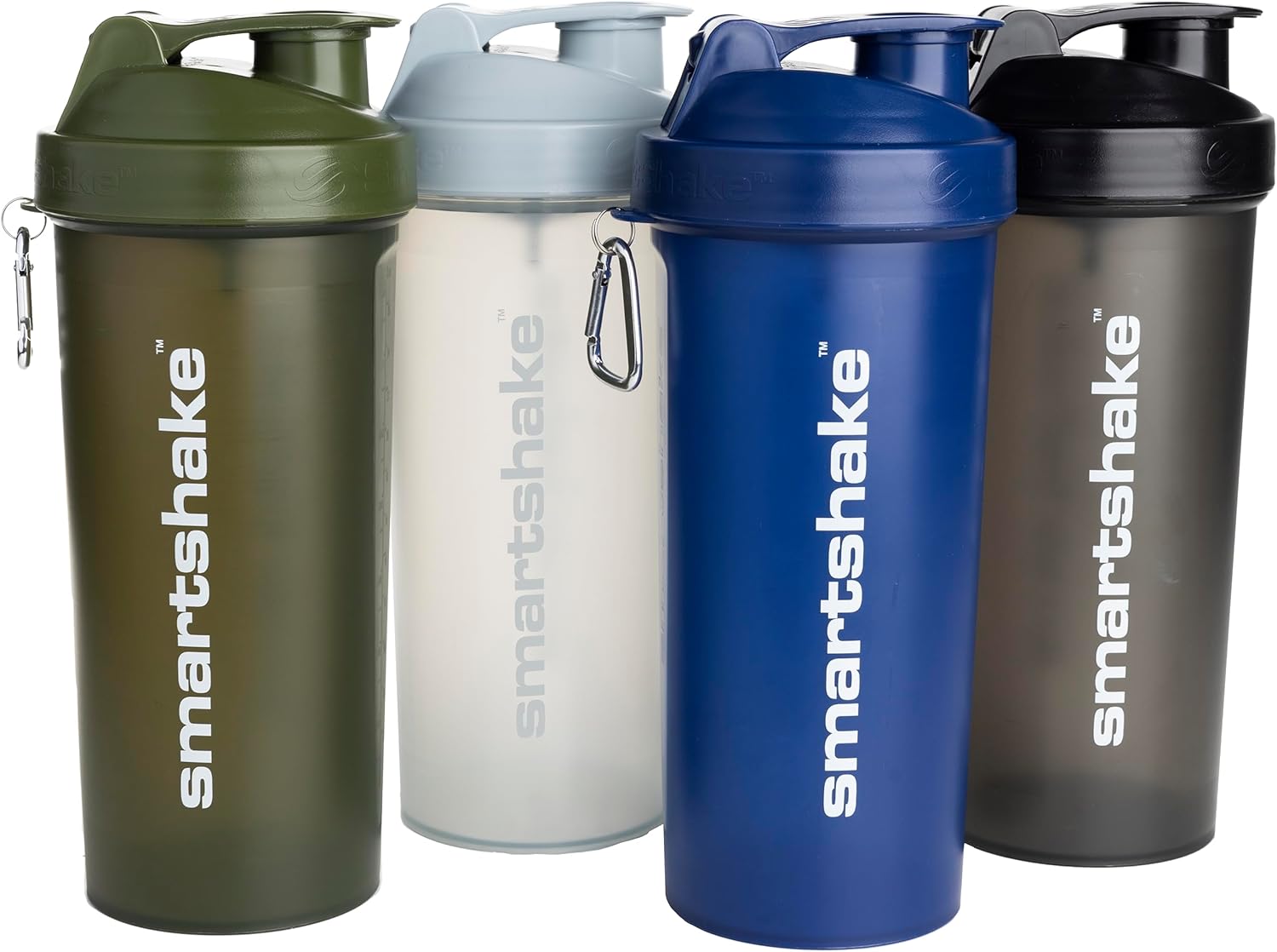Smartshake Lite 4-Pack Protein Shaker Bottle Set - 800ml | 27oz - Leakproof Screw-on Lid - BPA Free - Mist Gray, Army Green, Black, Navy Blue
