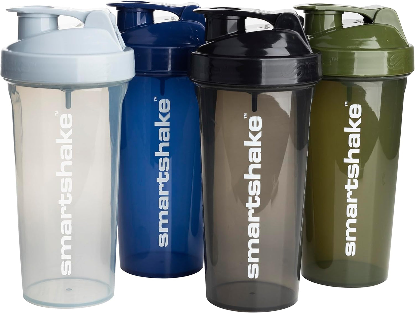 Smartshake Lite 4-Pack Protein Shaker Bottles - 600ml | 20oz - Leakproof Screw-on Lid - BPA Free - Mist Gray, Army Green, Black, Navy Blue