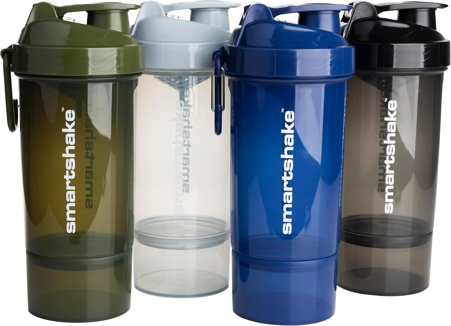 Smartshake O2GO ONE Protein Shaker Bottle Set | 4-Pack, 600 ml | 20 oz, Leakproof Screw-on Lid, BPA Free, Storage Included - Mist Gray, Army Green, Black, Navy Blue