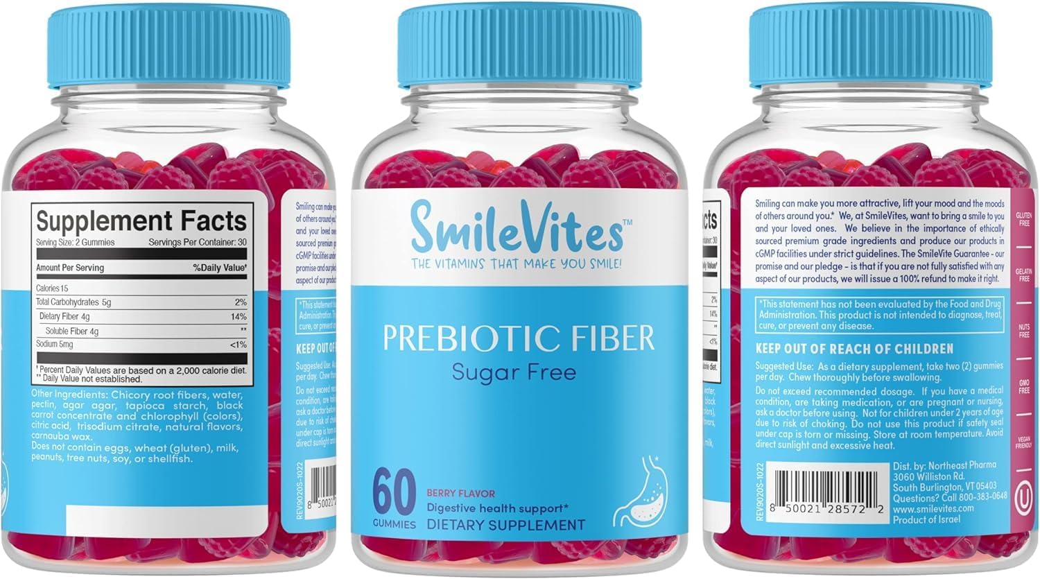 SmileVites Prebiotic Fiber Gummies - Vegan Keto Digestive Health Supplement - 60 Count Vegan Gummies - Berry Flavor Gluten-Free & Non-GMO - Supports Gut Bacteria & Digestive Regularity