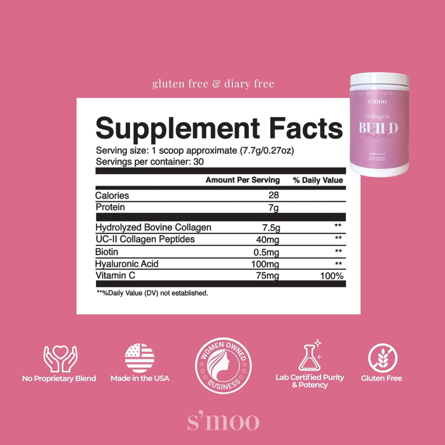 S'moo BUILD(her) Collagen Peptides Powder - Hair, Skin, Nail, and Joint Support - Unflavored - Hydrolyzed Collagen Drink Mix - Gluten-Free - 30 Servings