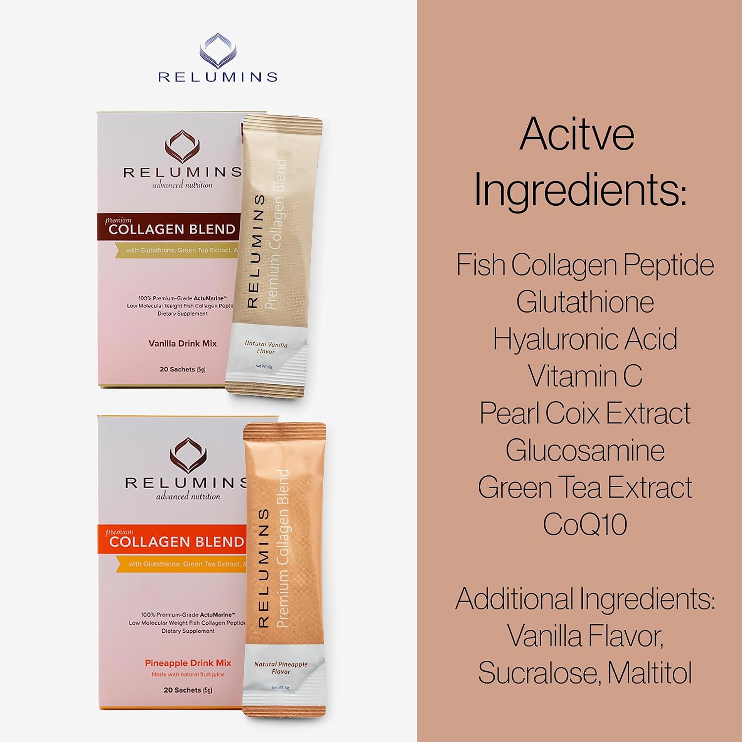 Smooth Glowing Skin Boosting Marine Collagen Powder Drink Mix with Glutathione, Green Tea, CoQ10, & Hyaluronic Acid - 100 Vanilla Flavored Sachets + 10 Free