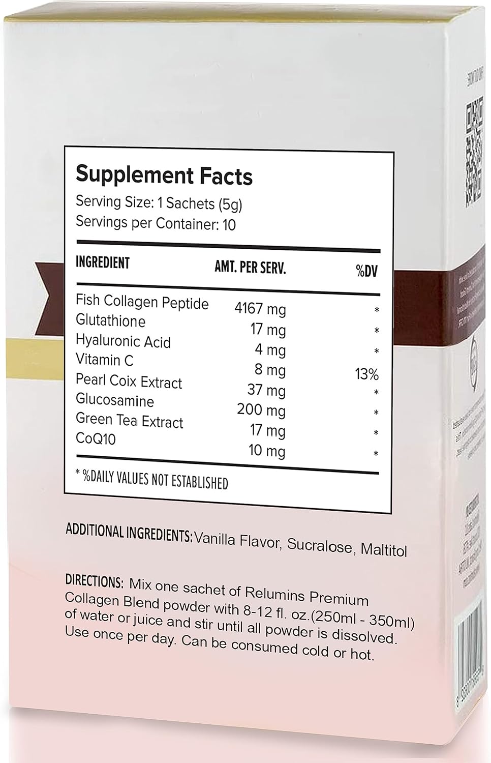 Smooth Glowing Skin Boosting Marine Collagen Powder Drink Mix with Glutathione, Green Tea, CoQ10, & Hyaluronic Acid - 100 Vanilla Flavored Sachets + 10 Free