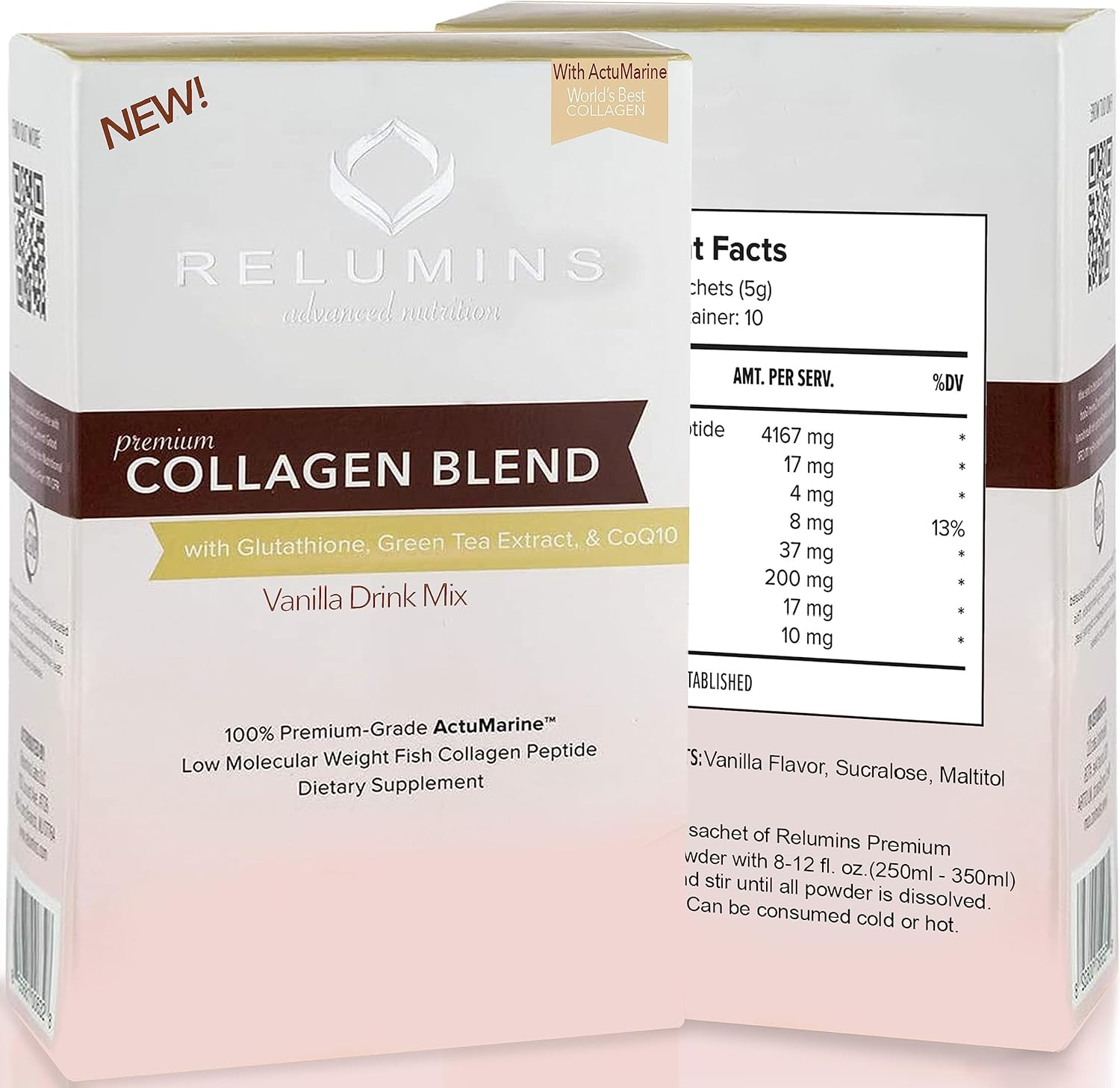 Smooth Glowing Skin Boosting Marine Collagen Powder Drink Mix with Glutathione, Green Tea, CoQ10, & Hyaluronic Acid - 100 Vanilla Flavored Sachets + 10 Free