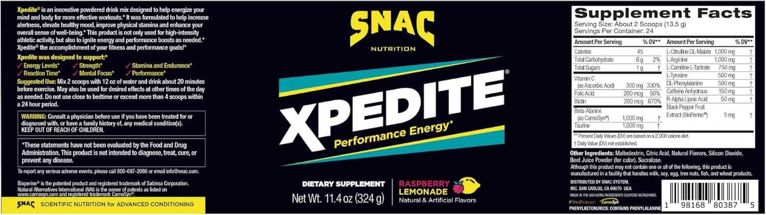 SNAC XPEDITE Raspberry Lemonade Preworkout Powder - Performance Energy Drink Supplement, 24 Servings