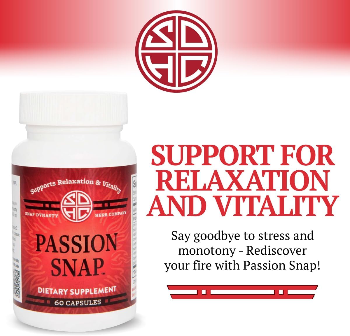 Snap Dynasty Passion Snap Capsules (60ct) - Plant Based Supplement for Relaxation & Vitality