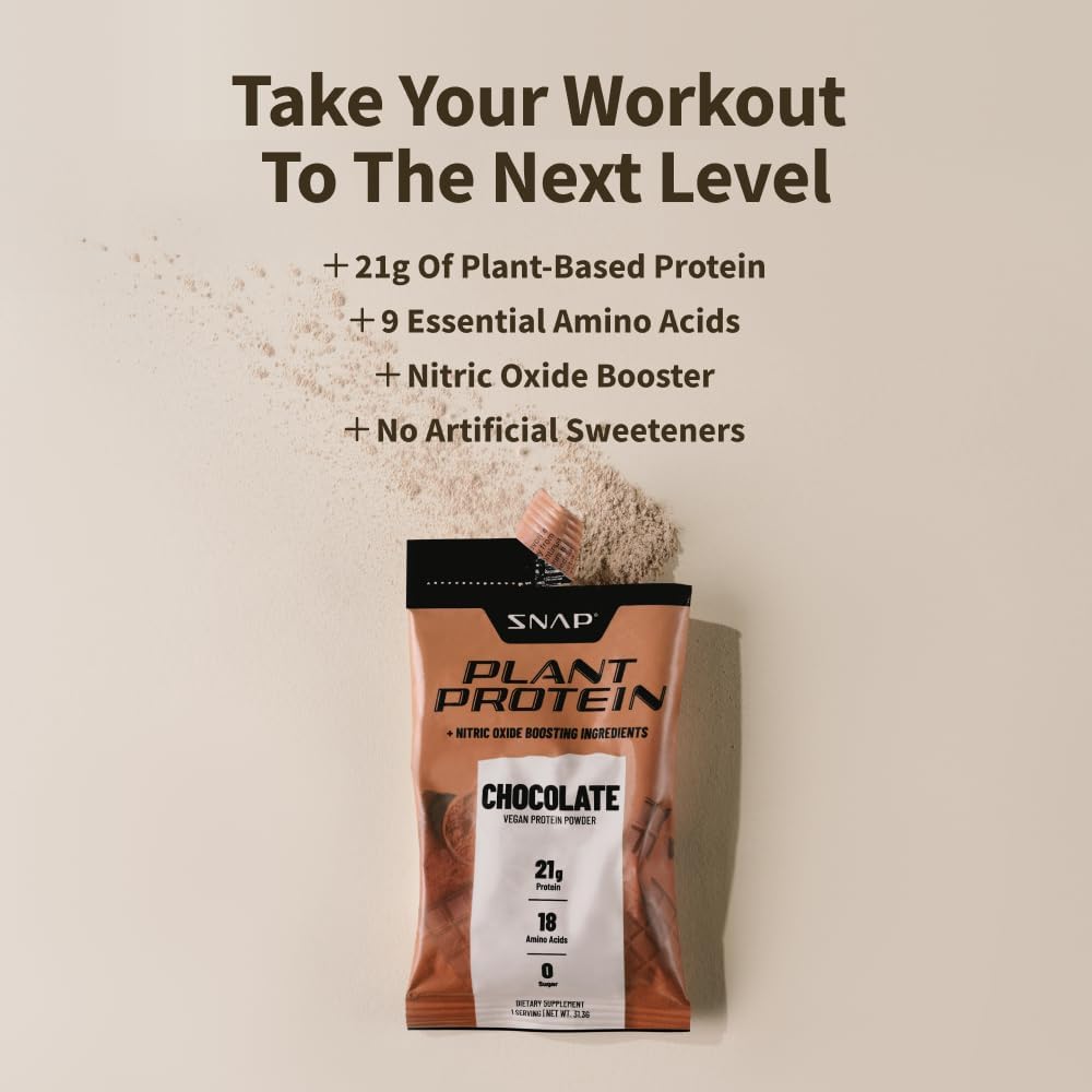 Snap Supplements Chocolate Plant-Based Protein Powder Stick Packs with Nitric Oxide Booster - 10 Pack