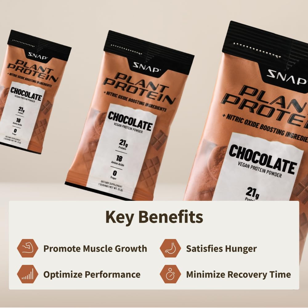 Snap Supplements Chocolate Plant-Based Protein Powder Stick Packs with Nitric Oxide Booster - 10 Pack
