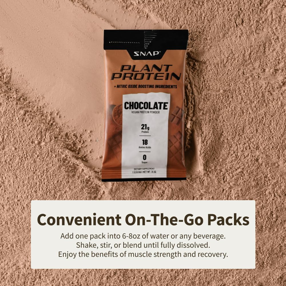 Snap Supplements Chocolate Plant-Based Protein Powder Stick Packs with Nitric Oxide Booster - 10 Pack