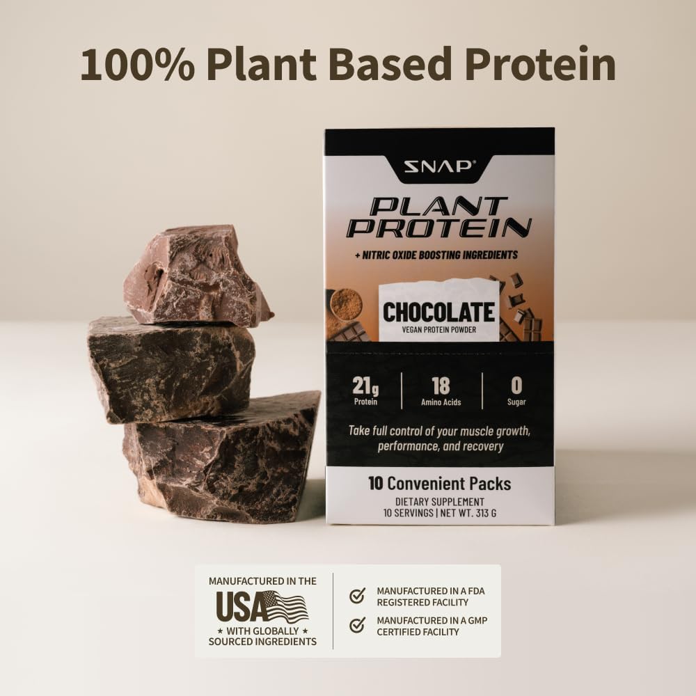 Snap Supplements Chocolate Plant-Based Protein Powder Stick Packs with Nitric Oxide Booster - 10 Pack