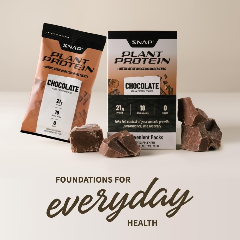 Snap Supplements Chocolate Plant-Based Protein Powder Stick Packs with Nitric Oxide Booster - 10 Pack