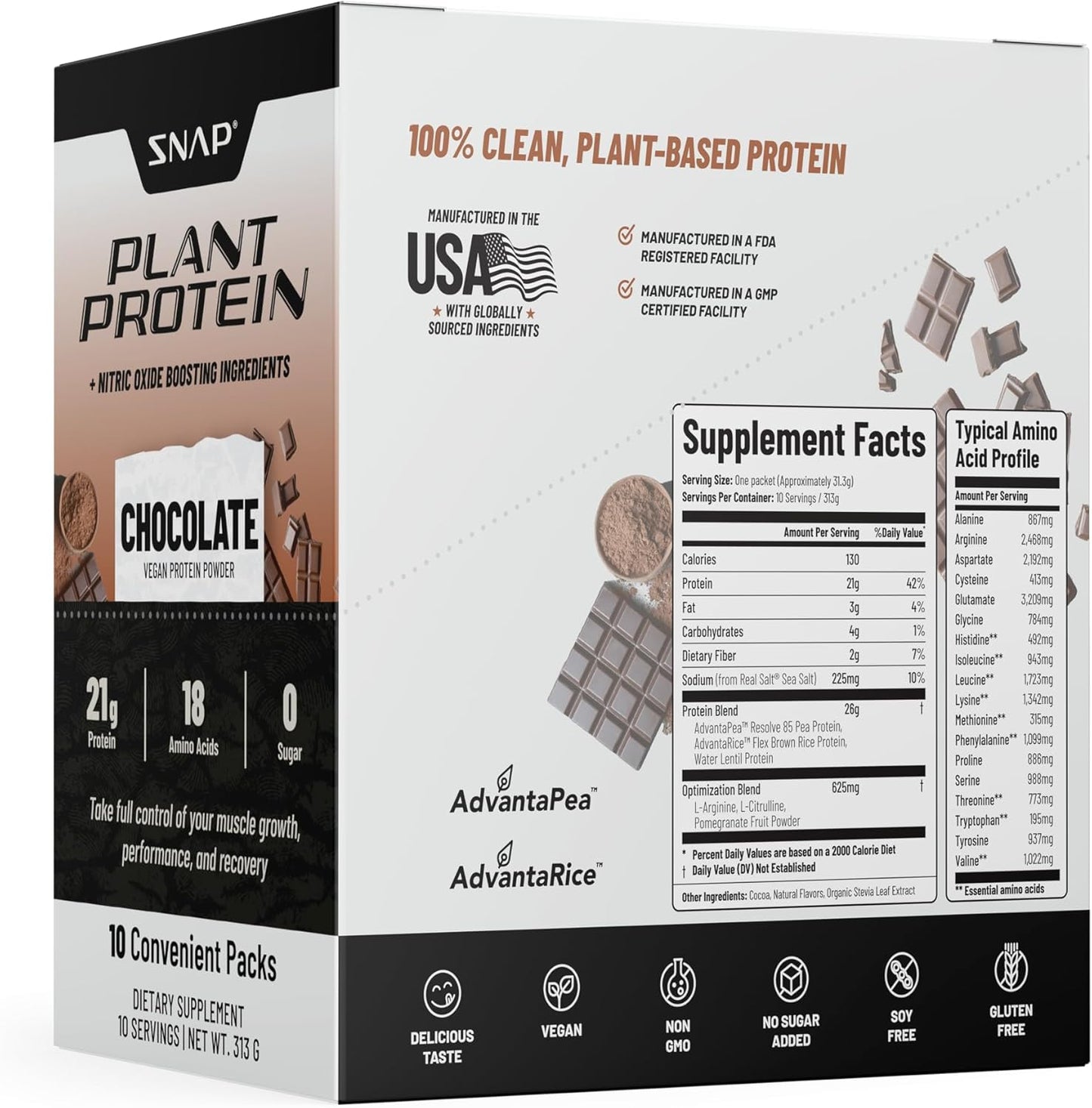 Snap Supplements Chocolate Plant-Based Protein Powder Stick Packs with Nitric Oxide Booster - 10 Pack