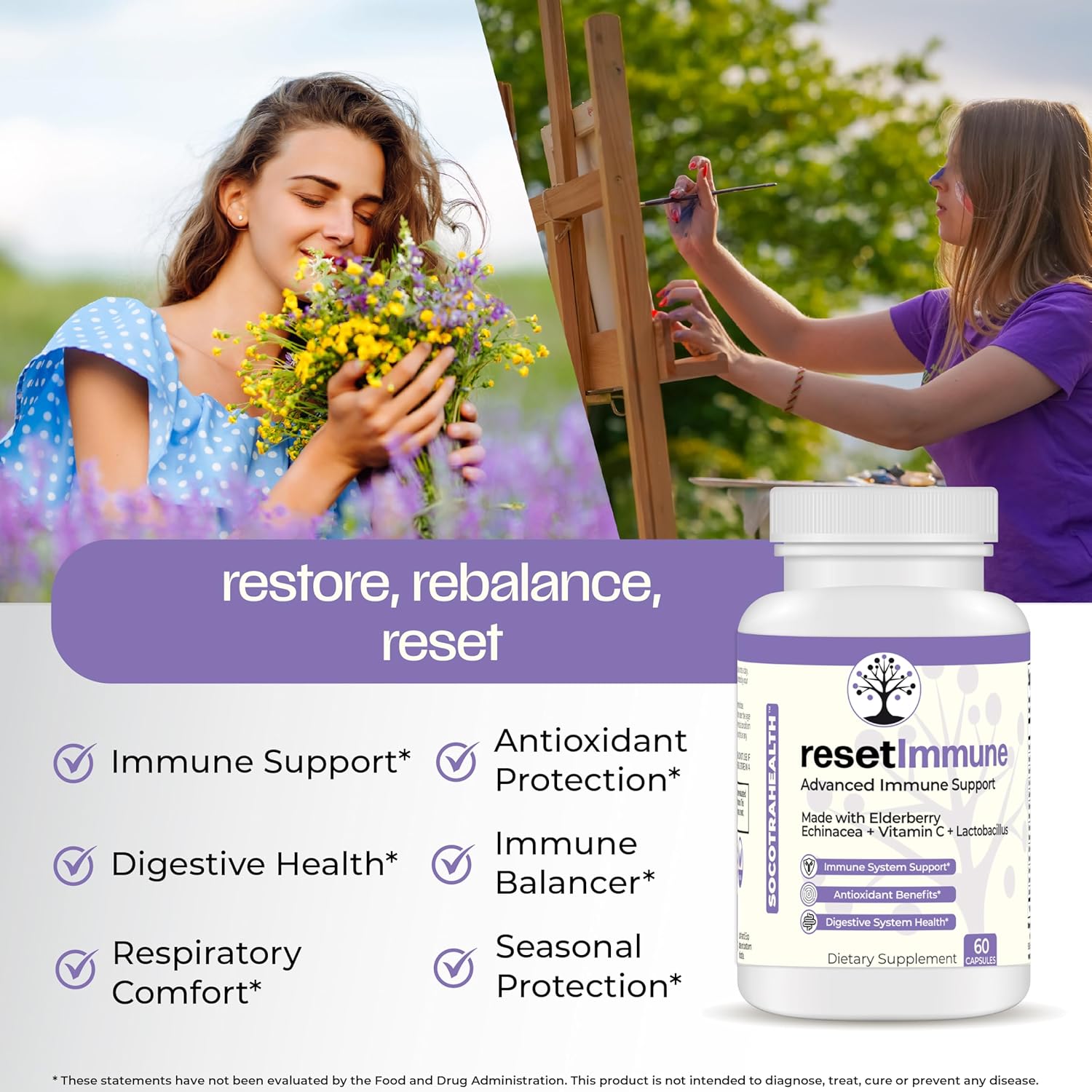 Socotra Health ResetImmune - Boost Your Immune System with Elderberry, Echinacea, Vitamin C, and Probiotics - 60 Vegan Capsules