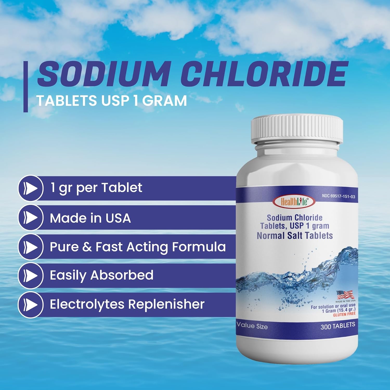 Sodium Chloride Tablets 1 gm, USP | 300 Count | Normal Salt Supplement | Electrolyte Replenisher Hydration Drink