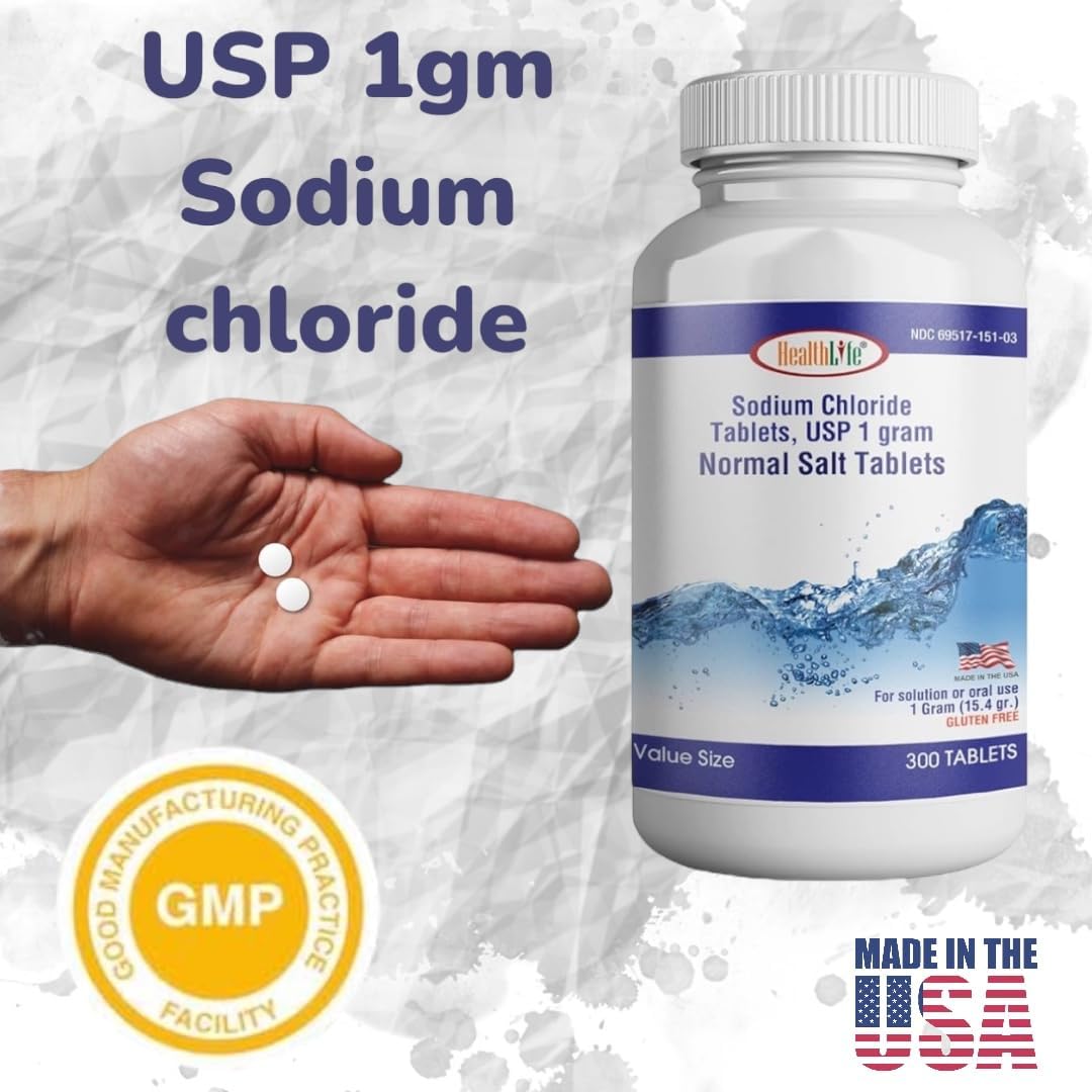 Sodium Chloride Tablets 1 gm, USP | 300 Count | Normal Salt Supplement | Electrolyte Replenisher Hydration Drink