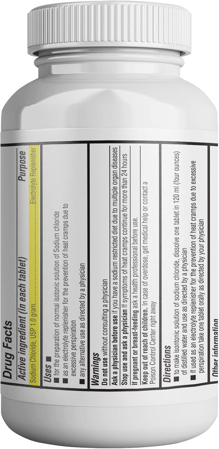 Sodium Chloride Tablets 1 gm, USP | 300 Count | Normal Salt Supplement | Electrolyte Replenisher Hydration Drink