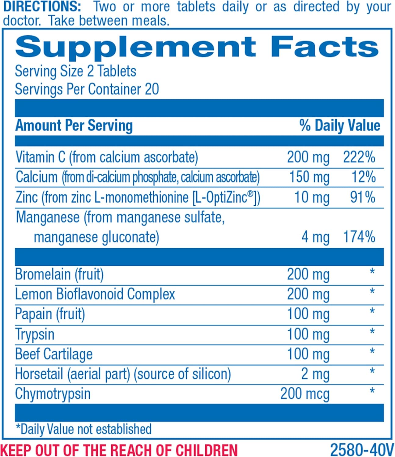 Soft Tissue Support Supplement with Bromelain, Vitamin C, Zinc - 40 Tablets - Acute Injury Recovery Aid - Zymain Proteolytic Enzymes & Minerals