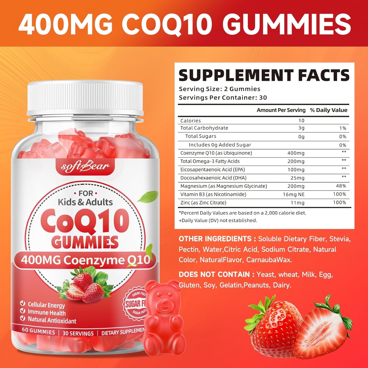 softbear CoQ10 Gummies 400mg Supplement with Omega-3, Magnesium, Vitamin B3, and Zinc - 120 Strawberry Flavored Gummies for Energy & Antioxidant Support