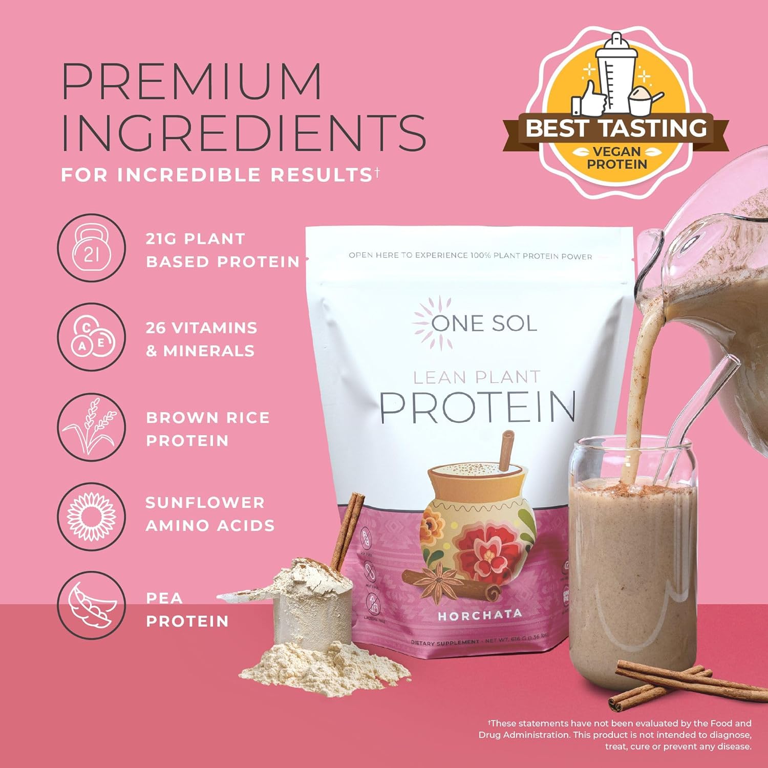 Sol Lean Plant Protein Powder Horchata - Low Carb, Gluten-Free, Lactose-Free, No Sugar, Soy Free, Non-GMO, Vegan-Friendly