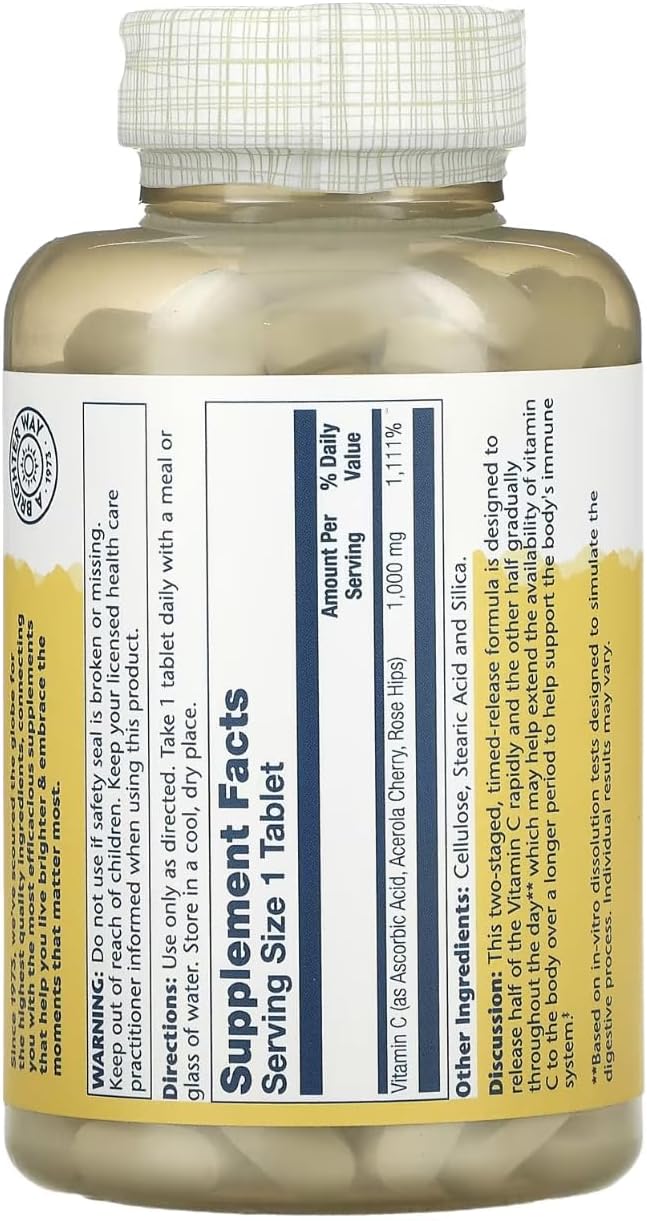 Solaray 1,000mg Vitamin C Timed Release Tablets with Rose HIPS & Acerola - 250 Count