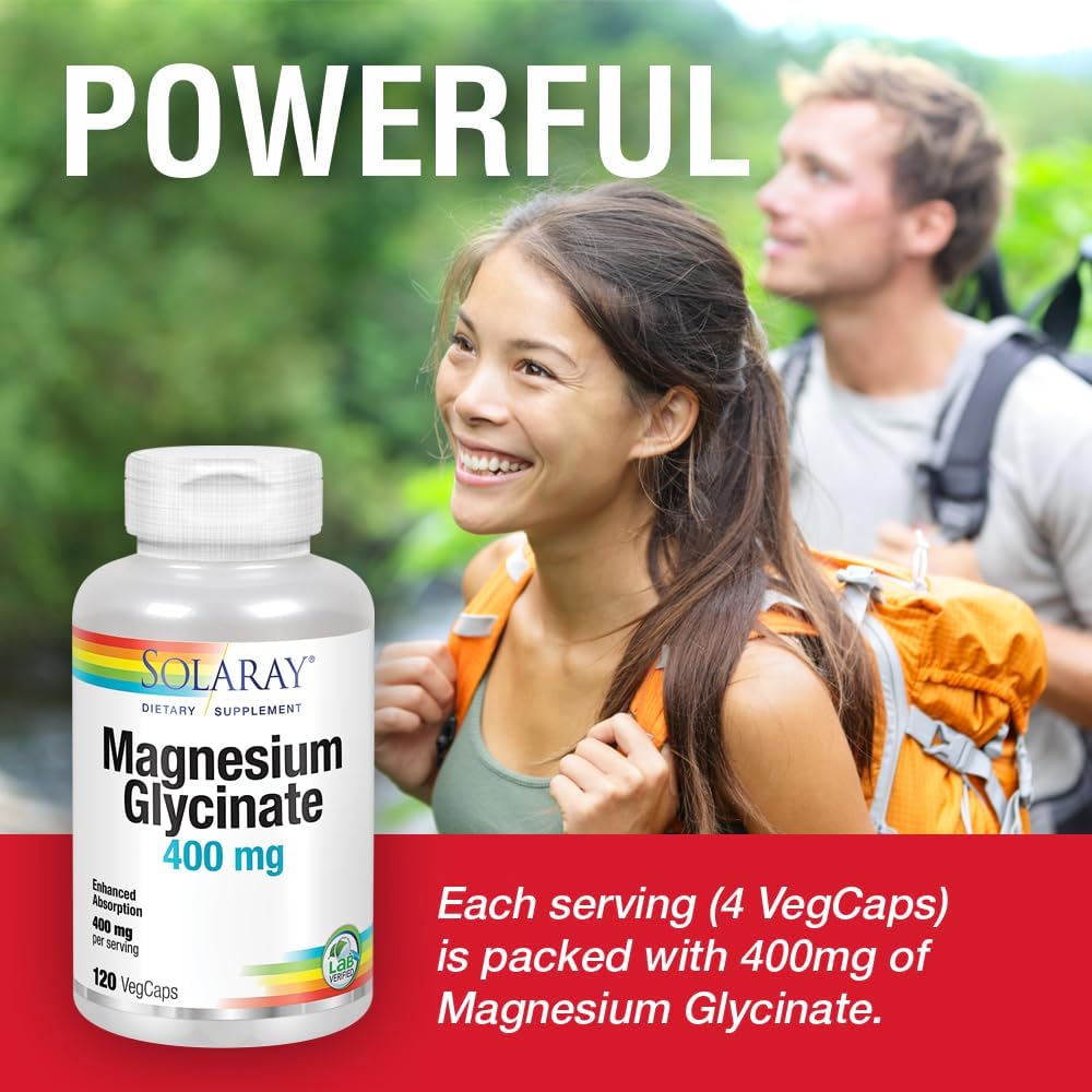 Solaray 400 mg Magnesium Glycinate Capsules for Relaxation, Bone & Heart Health - 120 Count, 30 Servings