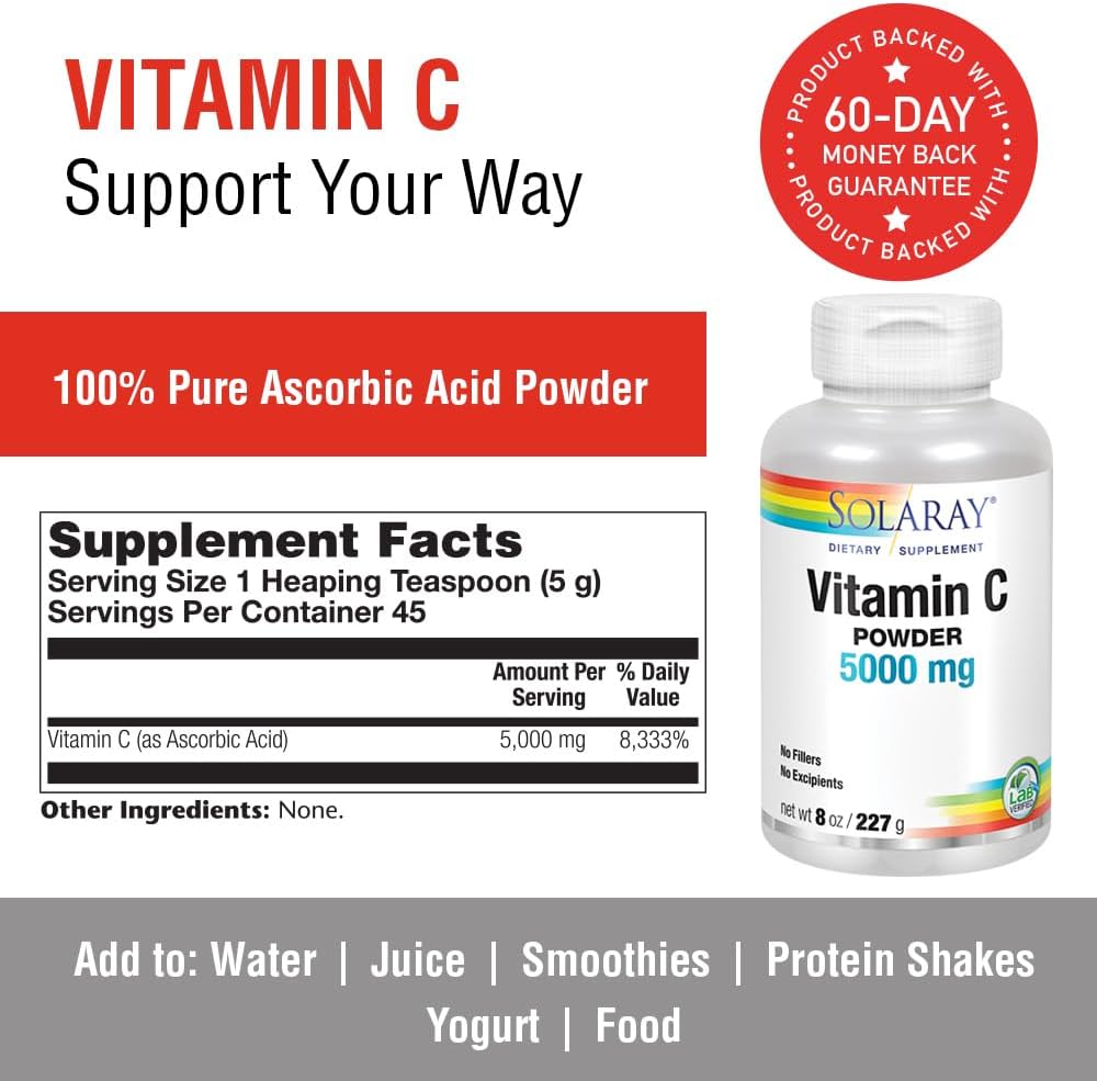 Solaray 8 oz Vitamin C Crystalline Powder Supplement for Immune Support and Antioxidant Protection