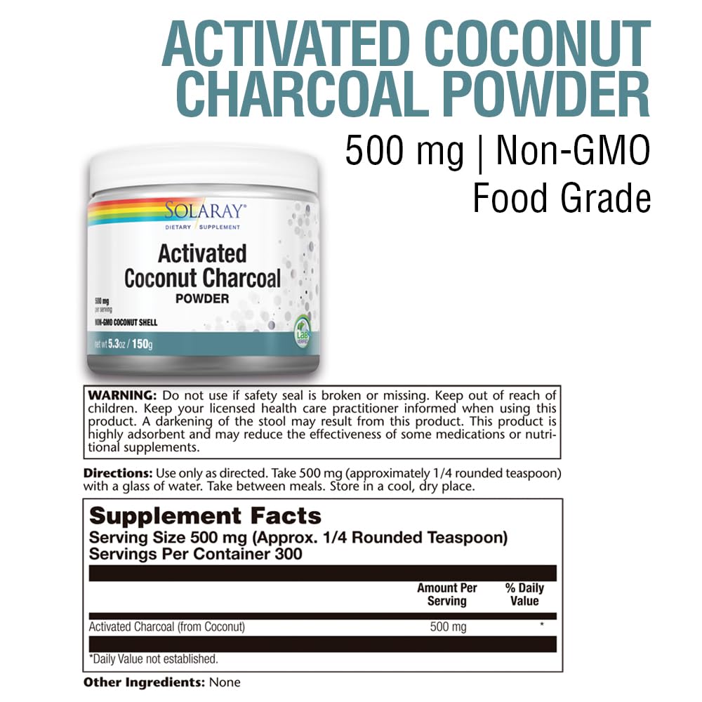 Solaray Activated Coconut Charcoal Powder 500 mg - Promotes Healthy Digestion & Internal Cleansing with 300 Servings