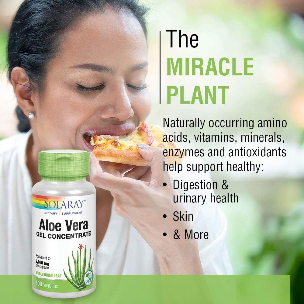 Solaray Aloe Vera Gel Capsules - 2000mg, 100 Count - Organic Aloe Supplement for Digestive Health and Immune Support