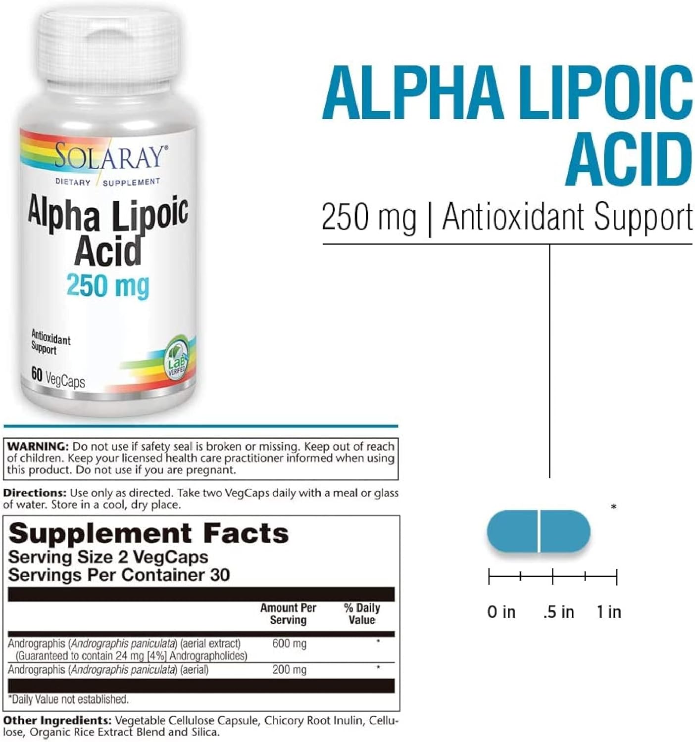 Solaray Alpha Lipoic Acid 250mg - 60 VegCaps - Antioxidant Supplement for Energy - Non-GMO & Vegan Formula