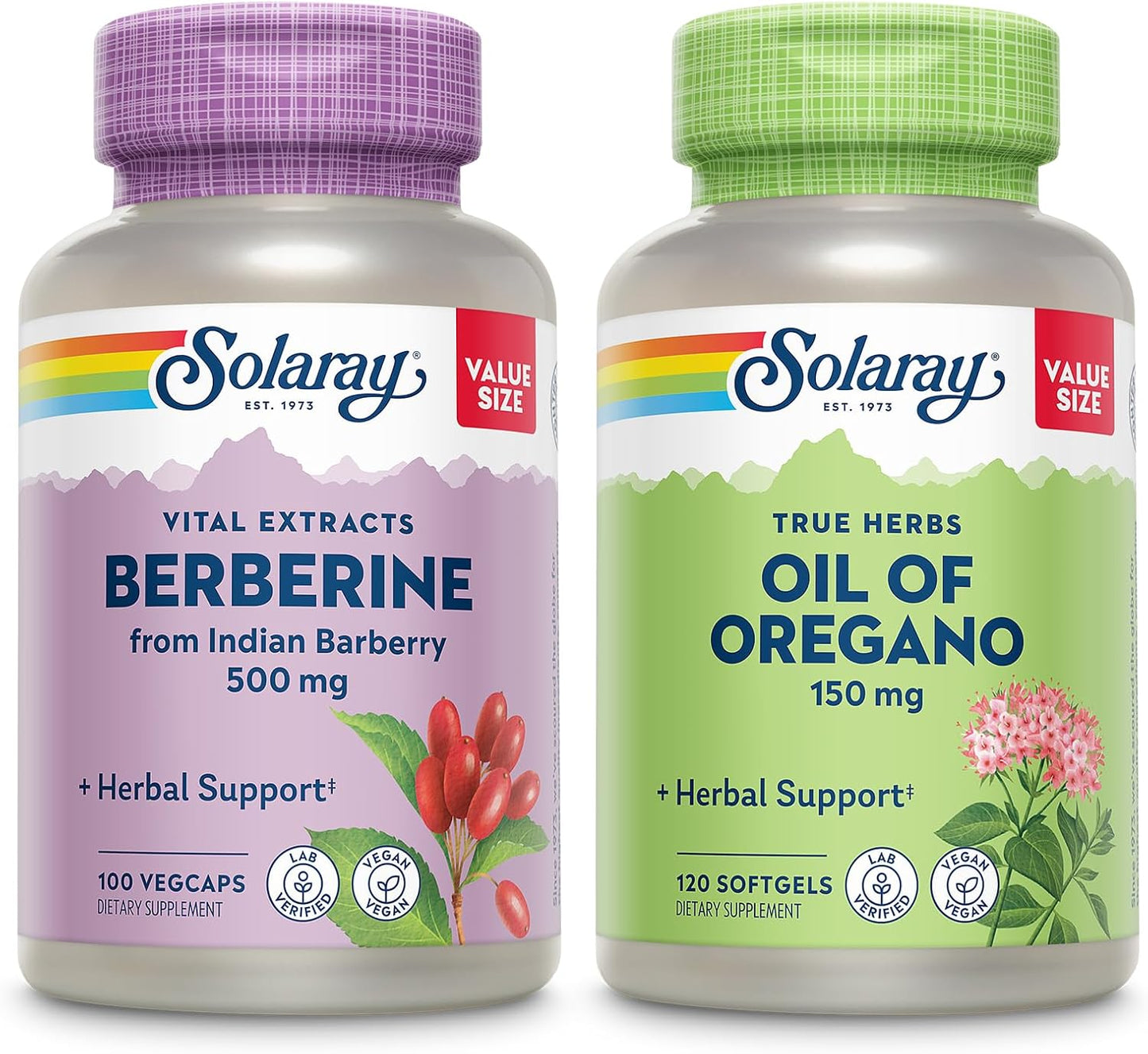 Solaray Berberine HCl and Oil of Oregano Supplement Bundle - Wellness Support with Indian Barberry and Oregano Oil - 100 VegCaps/120 Softgels