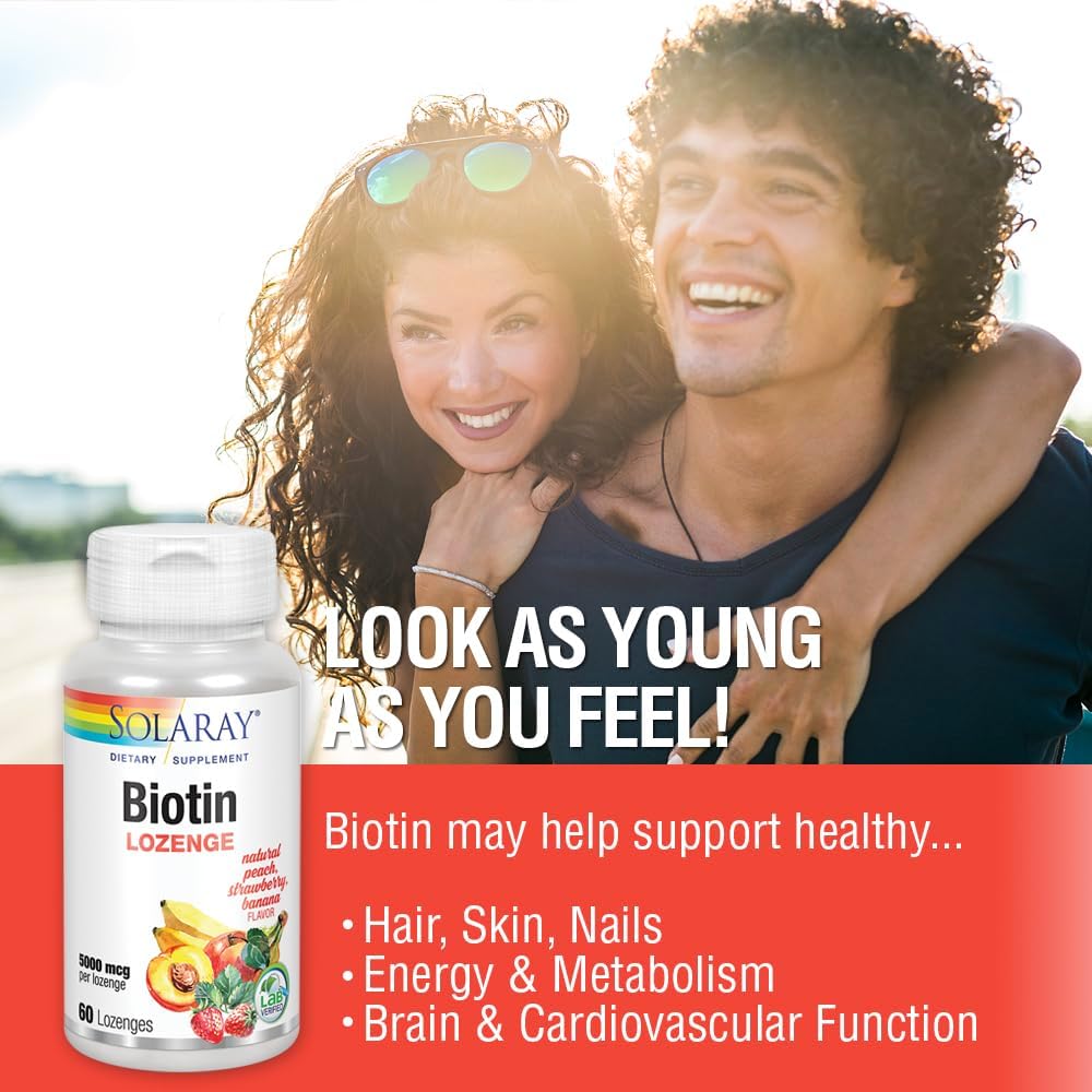 Solaray Biotin Lozenges 5000 mcg | Natural Peach, Strawberry, Banana Flavor | Promotes Healthy Hair, Skin & Nails | 60 Count