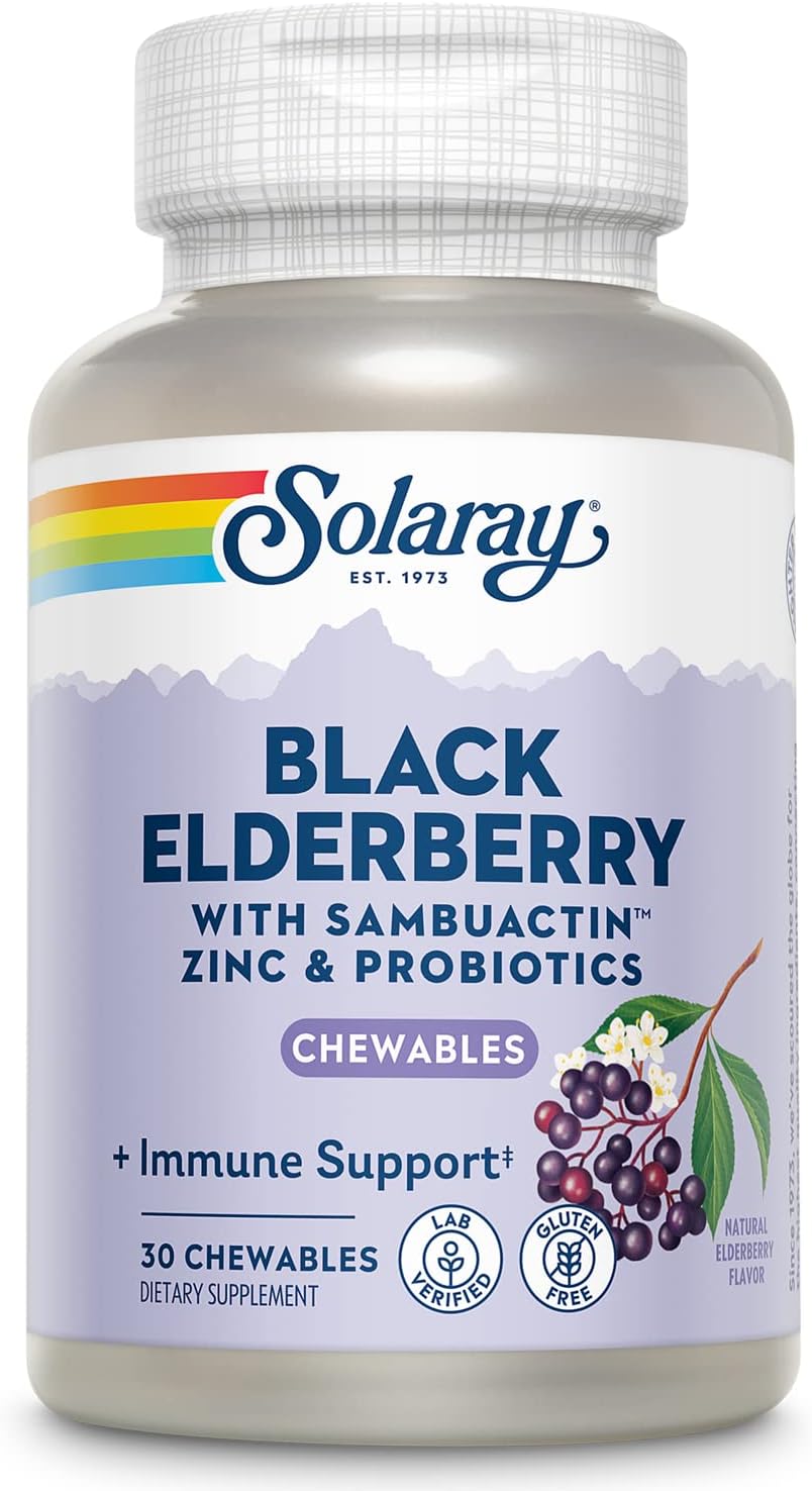 Solaray Black Elderberry Extract with Zinc, Probiotics, and Vitamin C for Immune System Health - 30 Chewable Tablets