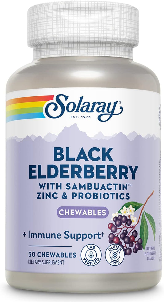 Solaray Black Elderberry Extract with Zinc, Probiotics, and Vitamin C for Immune System Health - 30 Chewable Tablets