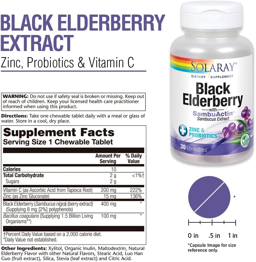 Solaray Black Elderberry Extract with Zinc, Probiotics, and Vitamin C for Immune System Health - 30 Chewable Tablets