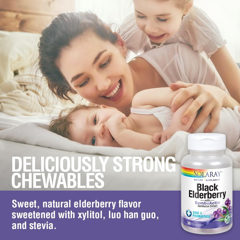 Solaray Black Elderberry Extract with Zinc, Probiotics, and Vitamin C for Immune System Health - 30 Chewable Tablets