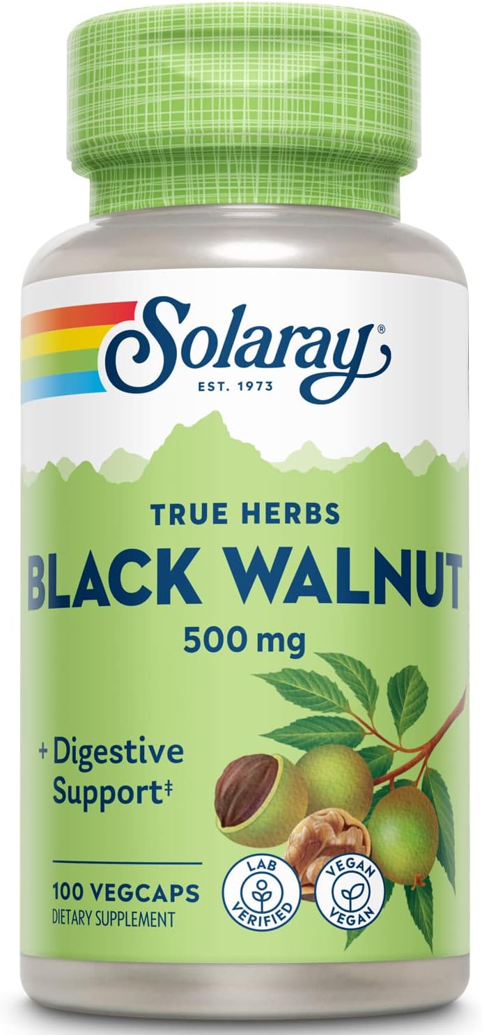 Solaray Black Walnut Whole Hull 500 mg - Digestive & Intestinal Wellness Support - Non-GMO, Vegan - 100 VegCaps