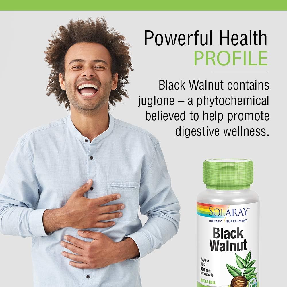 Solaray Black Walnut Whole Hull 500 mg - Digestive & Intestinal Wellness Support - Non-GMO, Vegan - 100 VegCaps