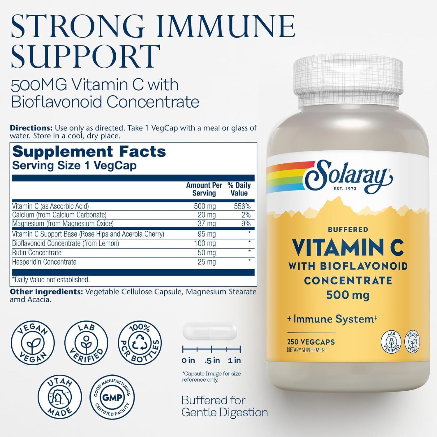 Solaray Buffered Vitamin C 500mg with Bioflavonoids, Rose HIPS and Acerola Cherry - Immune Support Supplement - Vegan - Lab Verified - 60-Day Guarantee - 250 Servings