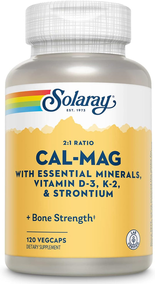 Solaray Cal-Mag with Essential Minerals | 30 Servings of Calcium, Magnesium, Strontium, Vitamins D-3 & K-2 | 120 VegCaps