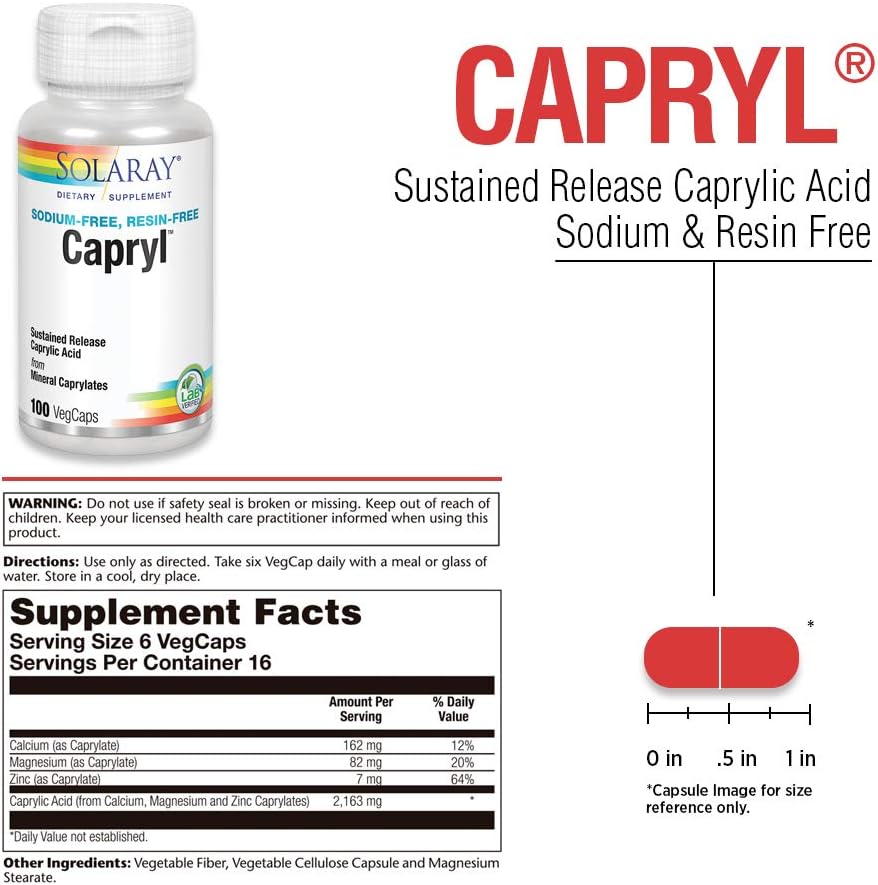 Solaray Capryl | Sustained Release Caprylic Acid for Healthy Gut | 100 VegCaps | Digestive Health Supplement